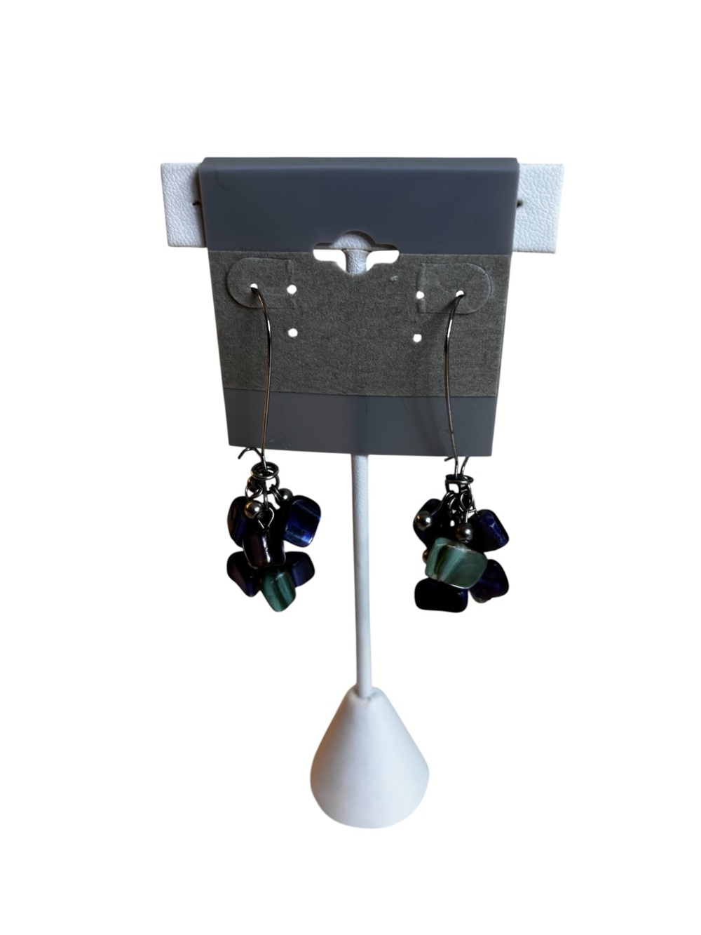 Dangling Cluster Drop Earrings in Iridescent Shades of Blue, Green & Purple.